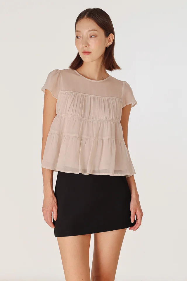RAEGAN SHEER RUCHED BABYDOLL TOP (TAUPE)