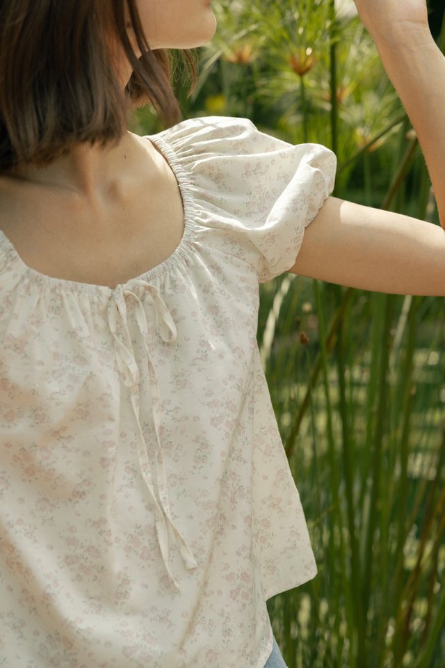 YINDIE SCOOP NECK RIBBON BUBBLE SLEEVE BLOUSE (FLORAL)