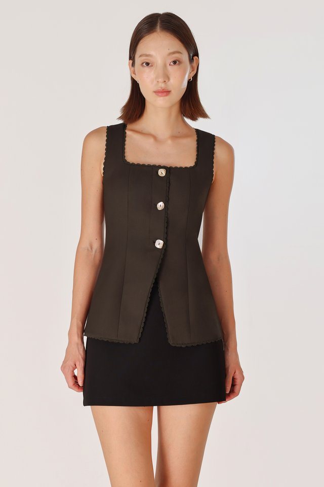 CAMELLIA LACE TRIM BUTTON VEST TOP (ESPRESSO)