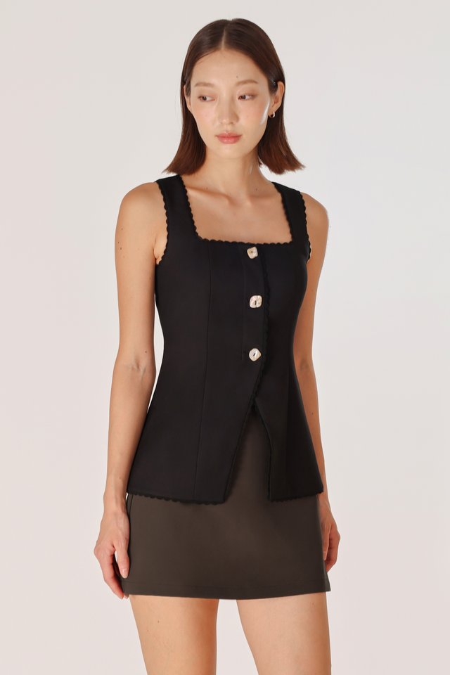 CAMELLIA LACE TRIM BUTTON VEST TOP (BLACK)