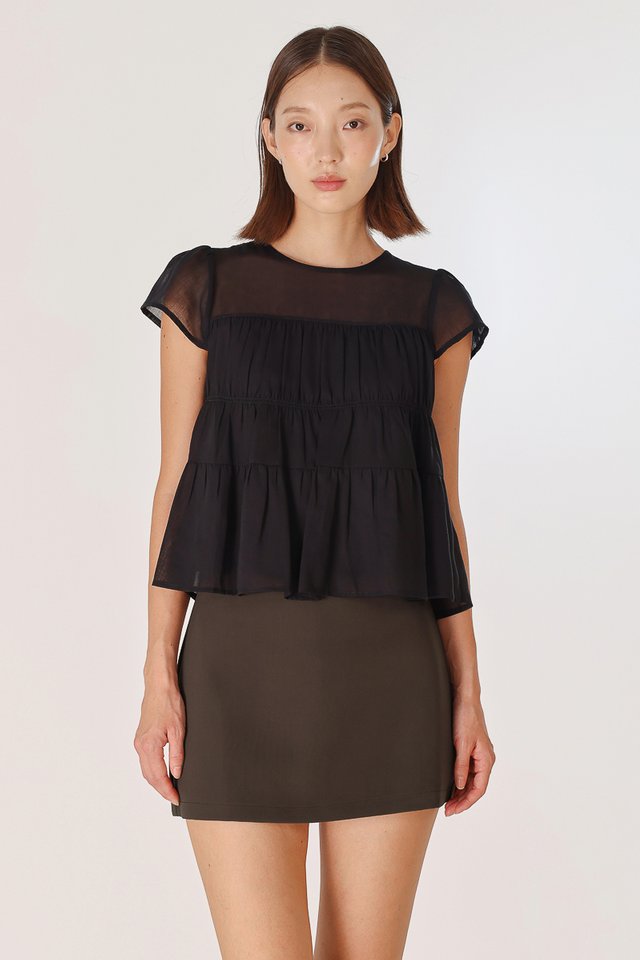 RAEGAN SHEER RUCHED BABYDOLL TOP (BLACK)