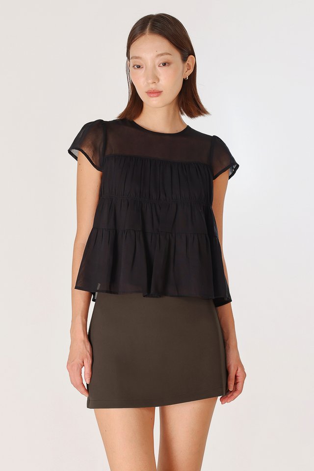 RAEGAN SHEER RUCHED BABYDOLL TOP (BLACK)