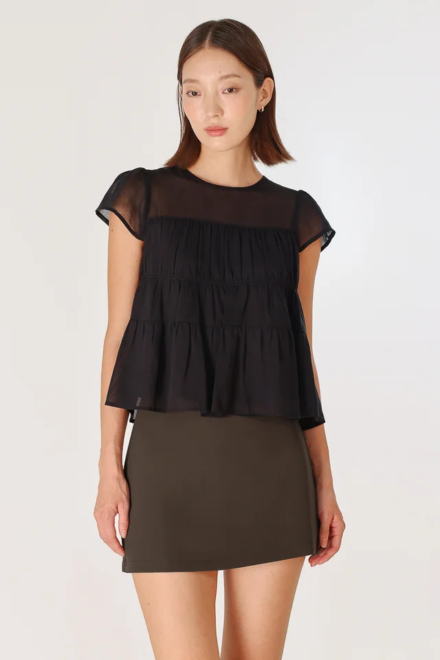 RAEGAN SHEER RUCHED BABYDOLL TOP (BLACK)