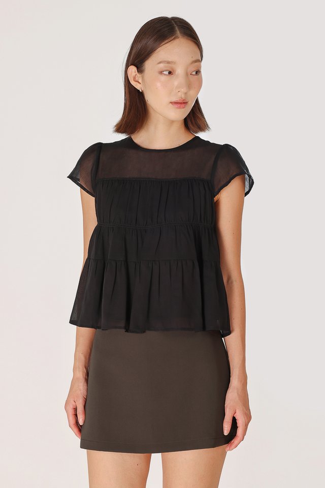 RAEGAN SHEER RUCHED BABYDOLL TOP (BLACK)