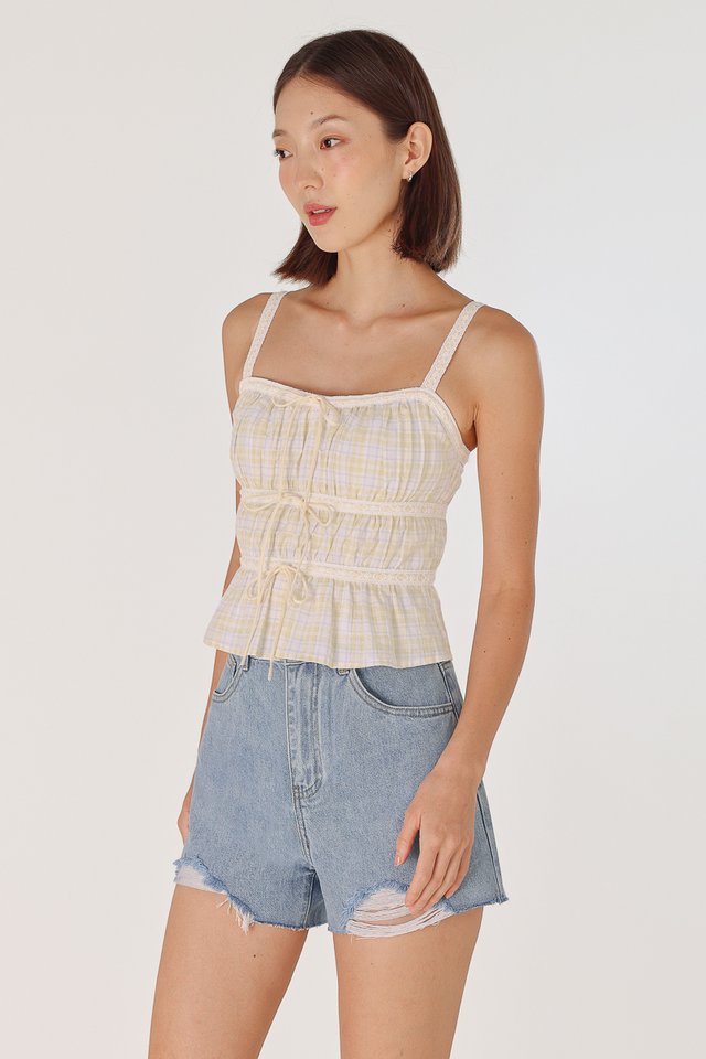 SAPHIELLE PADDED EYELET TRIM RIBBON TIERED TOP (PLAID)