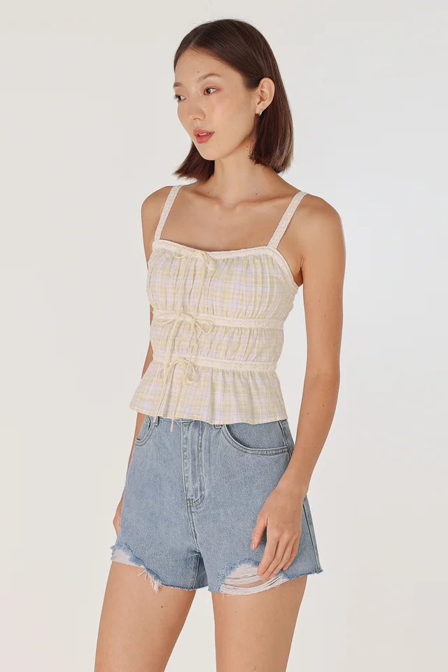 SAPHIELLE PADDED EYELET TRIM RIBBON TIERED TOP (PLAID)