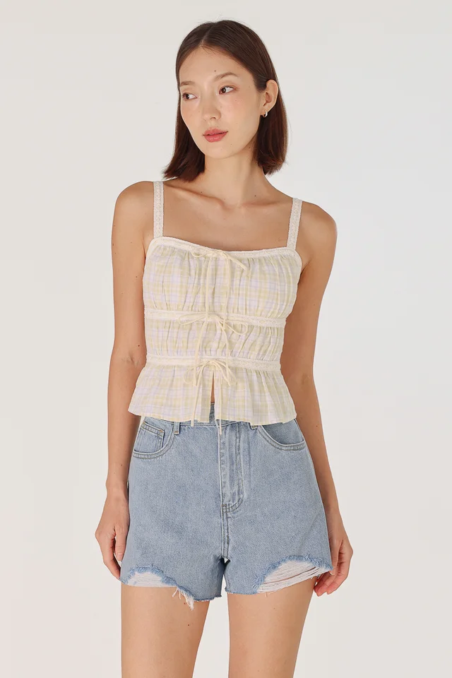 SAPHIELLE PADDED EYELET TRIM RIBBON TIERED TOP (PLAID)