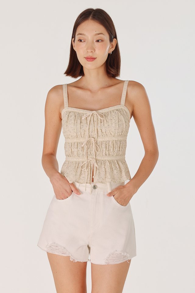 SAPHIELLE PADDED EYELET TRIM RIBBON TIERED TOP (FLORAL)