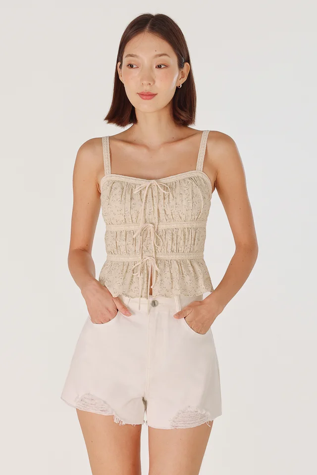SAPHIELLE PADDED EYELET TRIM RIBBON TIERED TOP (FLORAL)