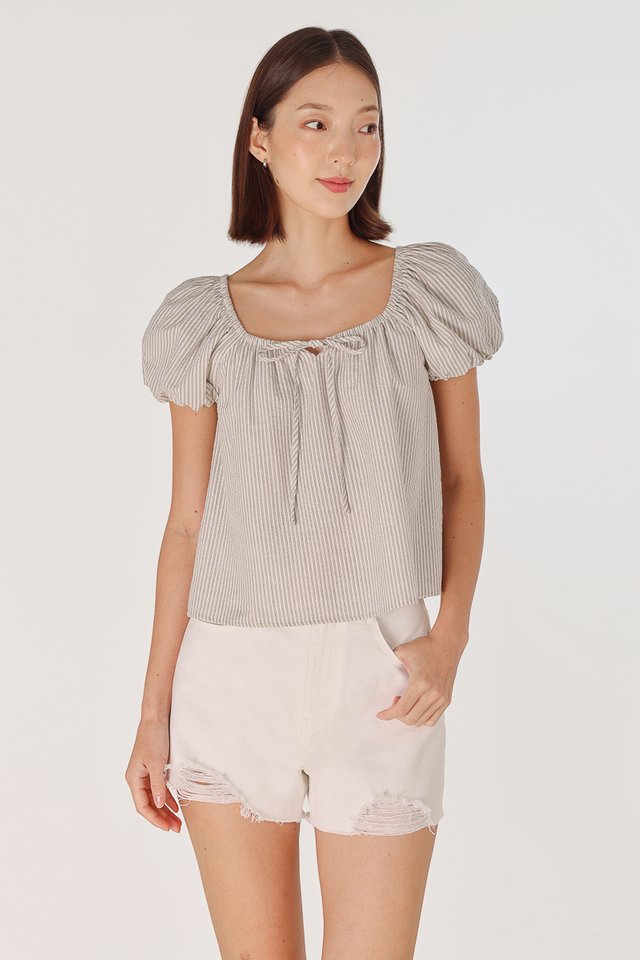YINDIE SCOOP NECK RIBBON BUBBLE SLEEVE BLOUSE (STRIPED)