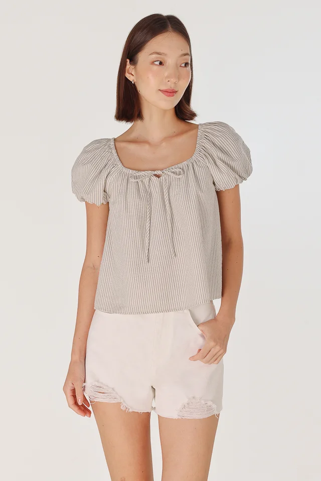 YINDIE SCOOP NECK RIBBON BUBBLE SLEEVE BLOUSE (STRIPED)