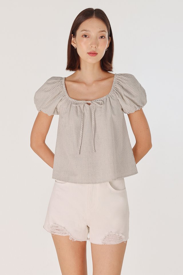 YINDIE SCOOP NECK RIBBON BUBBLE SLEEVE BLOUSE (STRIPED)