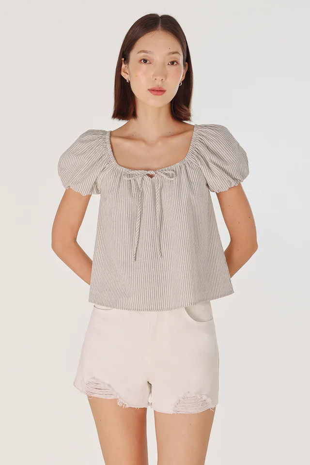 YINDIE SCOOP NECK RIBBON BUBBLE SLEEVE BLOUSE (STRIPED)