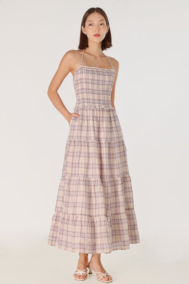 NERIAH PADDED SMOCKED TIERED MULTI-WAY MAXI DRESS