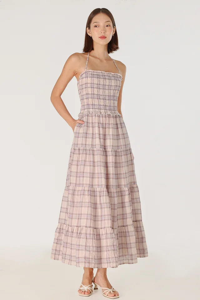 NERIAH PADDED SMOCKED TIERED MULTI-WAY MAXI DRESS