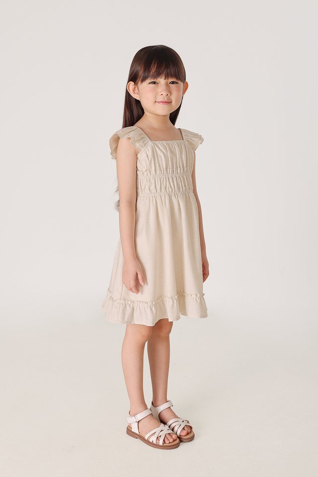 EDELYN RUCHED FLUTTER SLEEVE DRESS - MINI GIRL (OAT)