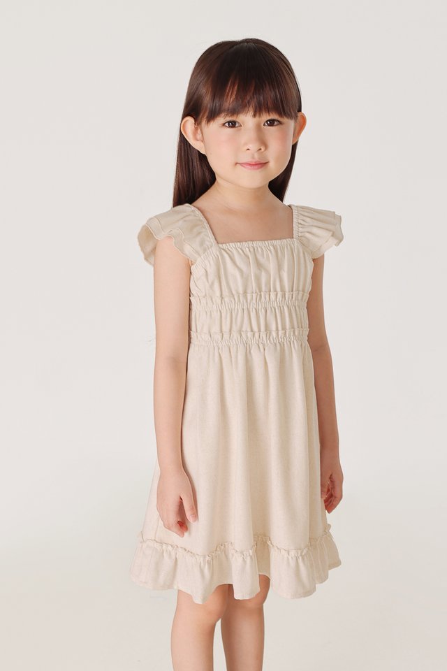 EDELYN RUCHED FLUTTER SLEEVE DRESS - MINI GIRL (OAT)