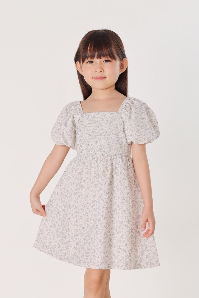 RINDY FLORAL PINTUCK BUBBLE SLEEVE DRESS - MINI GIRL (BLUE FLORAL)