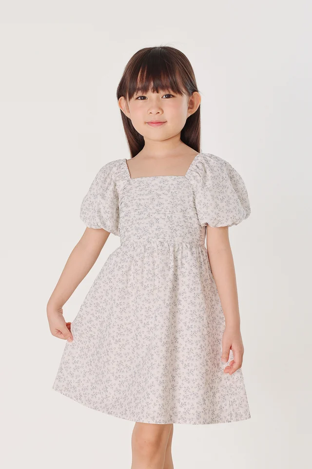 RINDY FLORAL PINTUCK BUBBLE SLEEVE DRESS - MINI GIRL (BLUE FLORAL)