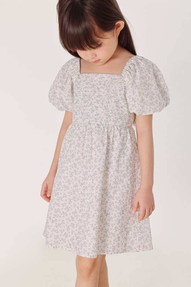 RINDY FLORAL PINTUCK BUBBLE SLEEVE DRESS - MINI GIRL (BLUE FLORAL)