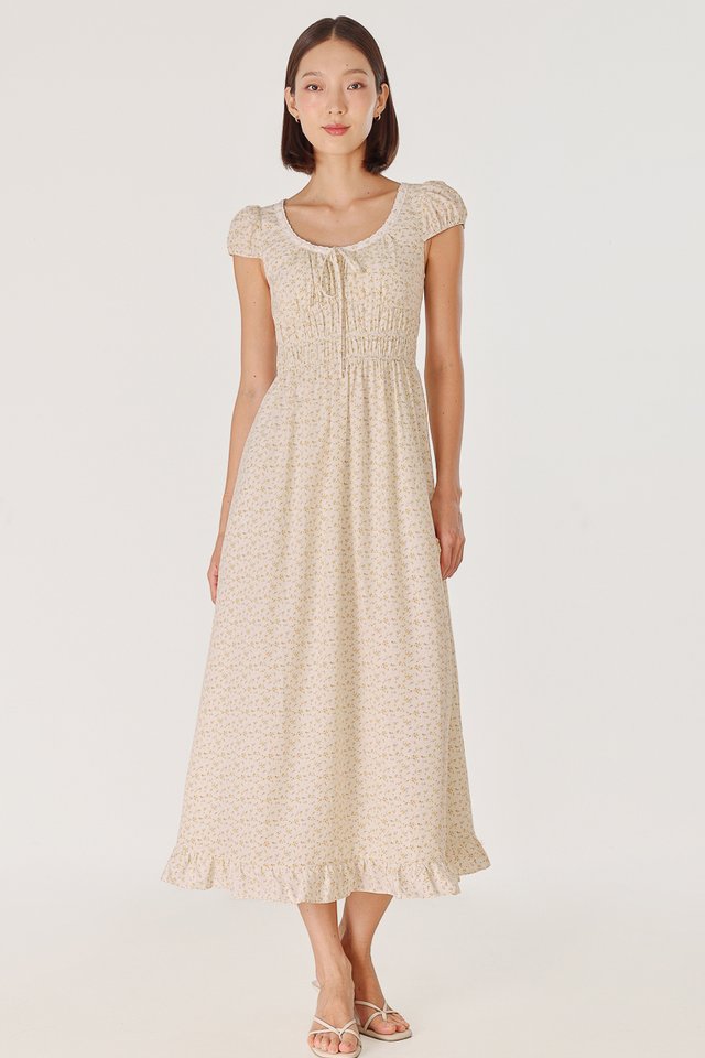CALISSA PADDED RIBBON CAP SLEEVE MIDAXI DRESS (FLORAL)