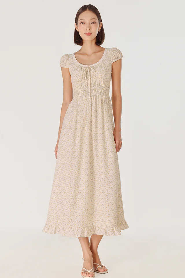 CALISSA PADDED RIBBON CAP SLEEVE MIDAXI DRESS (FLORAL)
