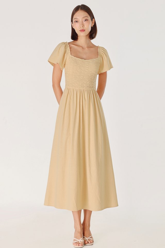 EDELYN PADDED RUCHED FLUTTER SLEEVE MAXI DRESS (YELLOW)