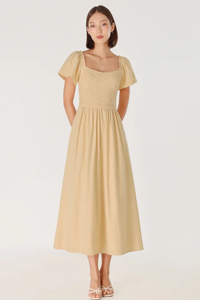 EDELYN PADDED RUCHED FLUTTER SLEEVE MAXI DRESS (YELLOW)