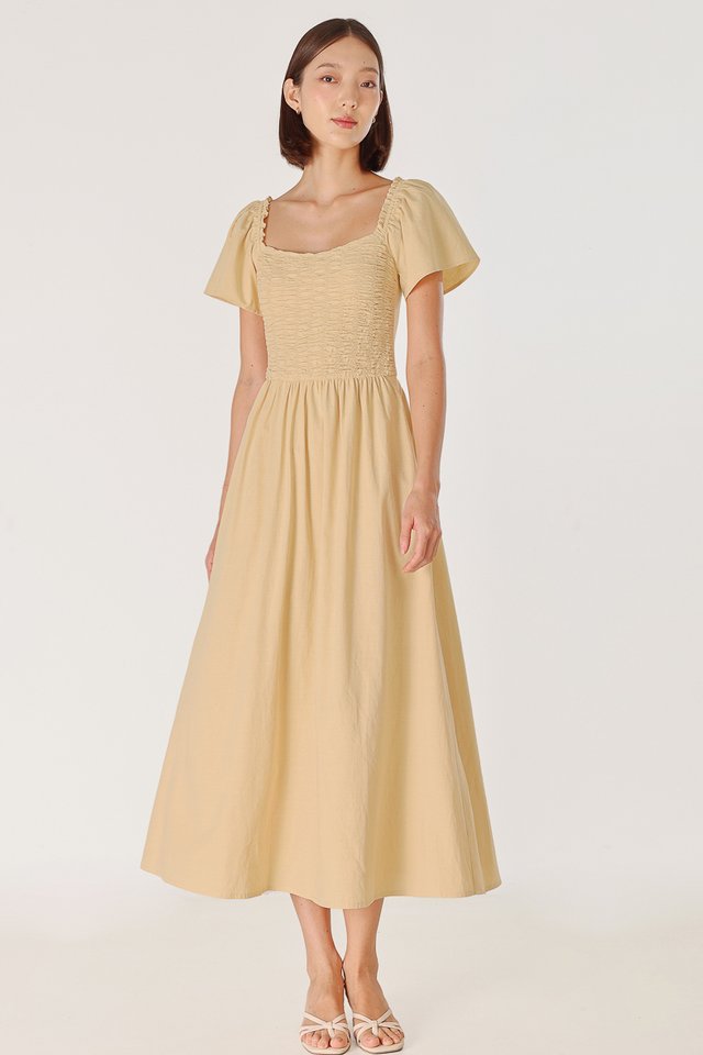 EDELYN PADDED RUCHED FLUTTER SLEEVE MAXI DRESS (YELLOW)