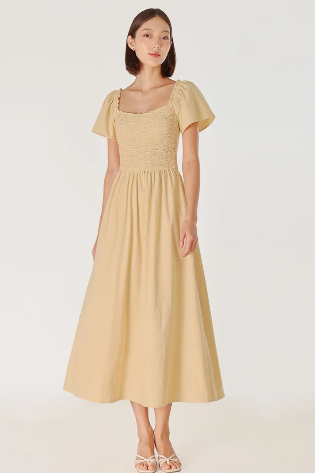 EDELYN PADDED RUCHED FLUTTER SLEEVE MAXI DRESS (YELLOW)