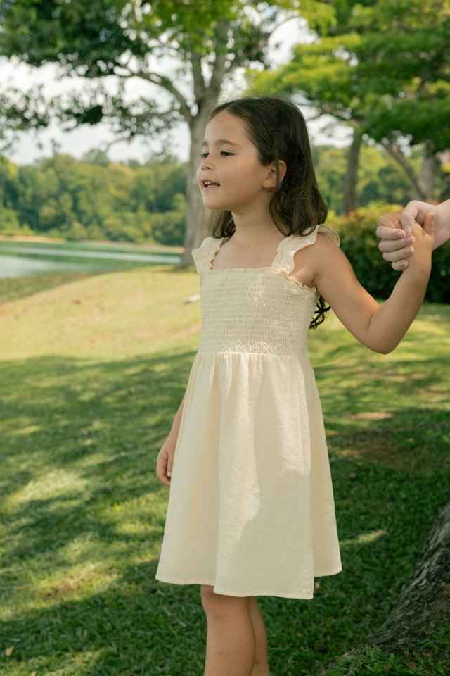 ALTHENA CONTRAST EMBROIDERED SMOCKED RUFFLE STRAP DRESS - MINI GIRL