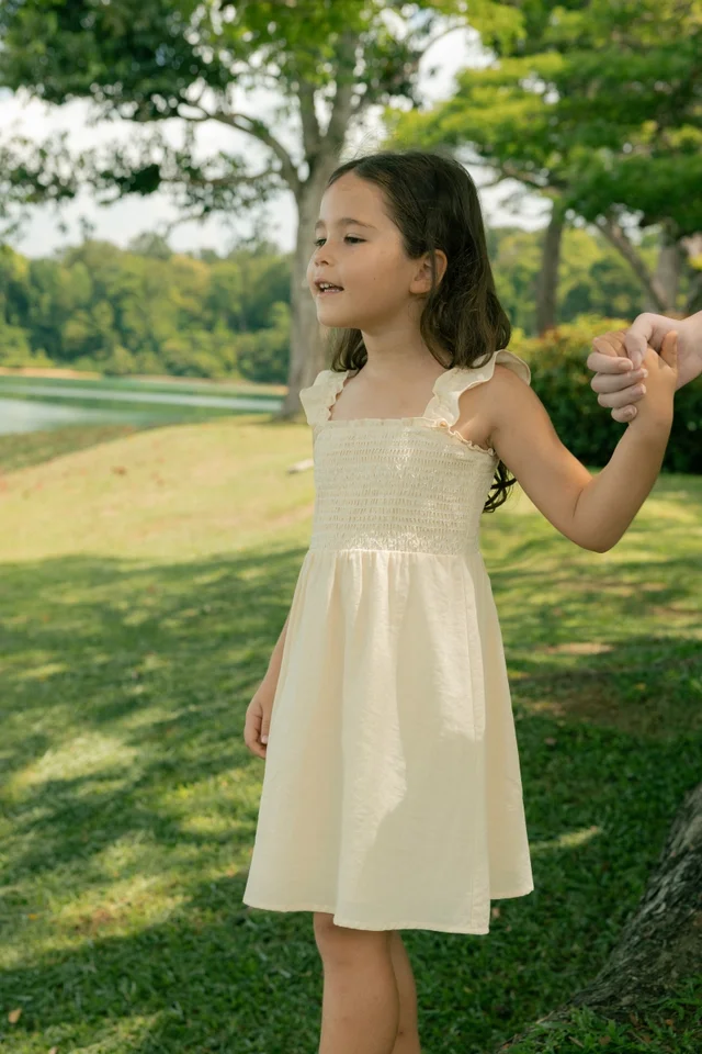 ALTHENA CONTRAST EMBROIDERED SMOCKED RUFFLE STRAP DRESS - MINI GIRL