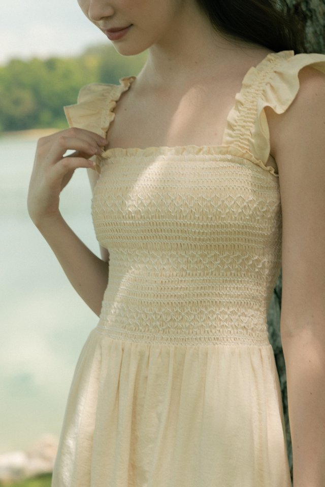 ALTHENA PADDED CONTRAST EMBROIDERED SMOCKED RUFFLE STRAP MAXI DRESS