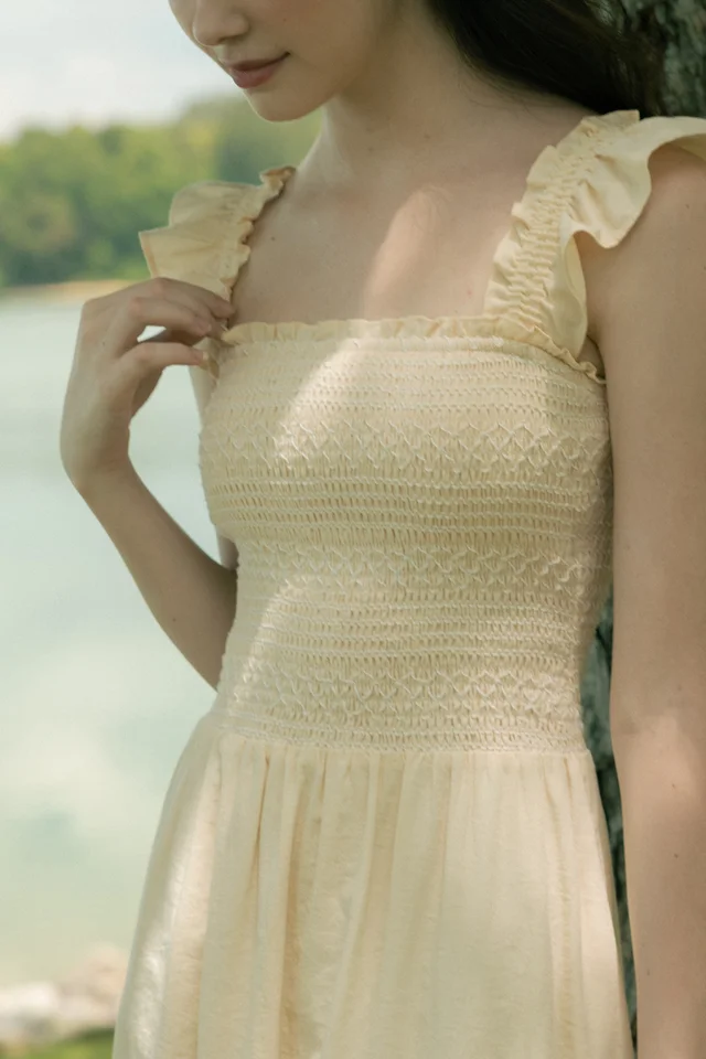 ALTHENA PADDED CONTRAST EMBROIDERED SMOCKED RUFFLE STRAP MAXI DRESS