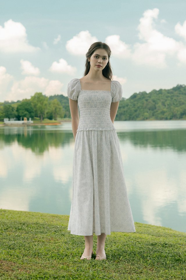 NARA PADDED FLORAL SMOCKED LOW-WAIST RUFFLE MAXI DRESS