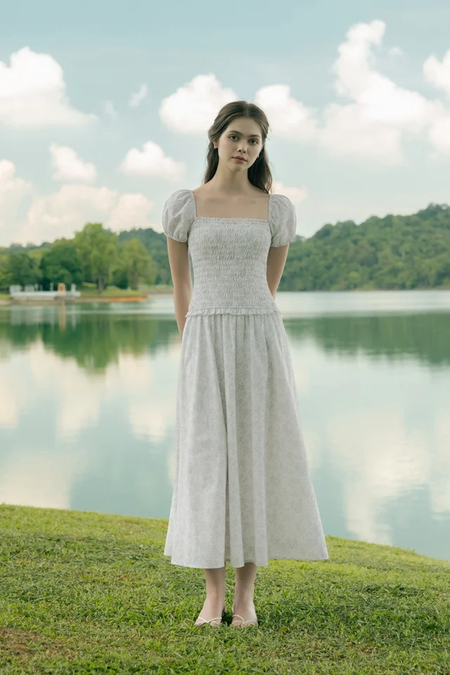 NARA PADDED FLORAL SMOCKED LOW-WAIST RUFFLE MAXI DRESS