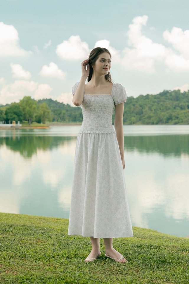NARA PADDED FLORAL SMOCKED LOW-WAIST RUFFLE MAXI DRESS