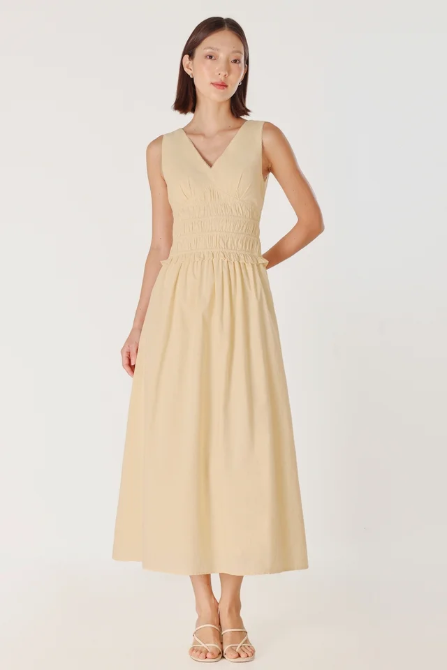 MIRA V-NECK EYELET TRIM MAXI DRESS (YELLOW)