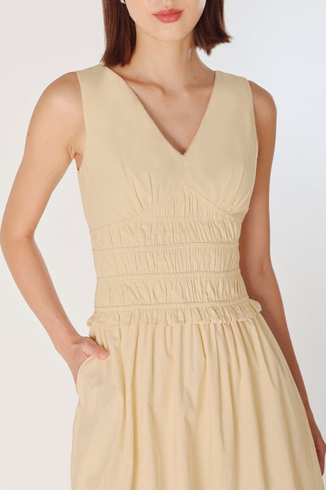 MIRA V-NECK EYELET TRIM MAXI DRESS (YELLOW)