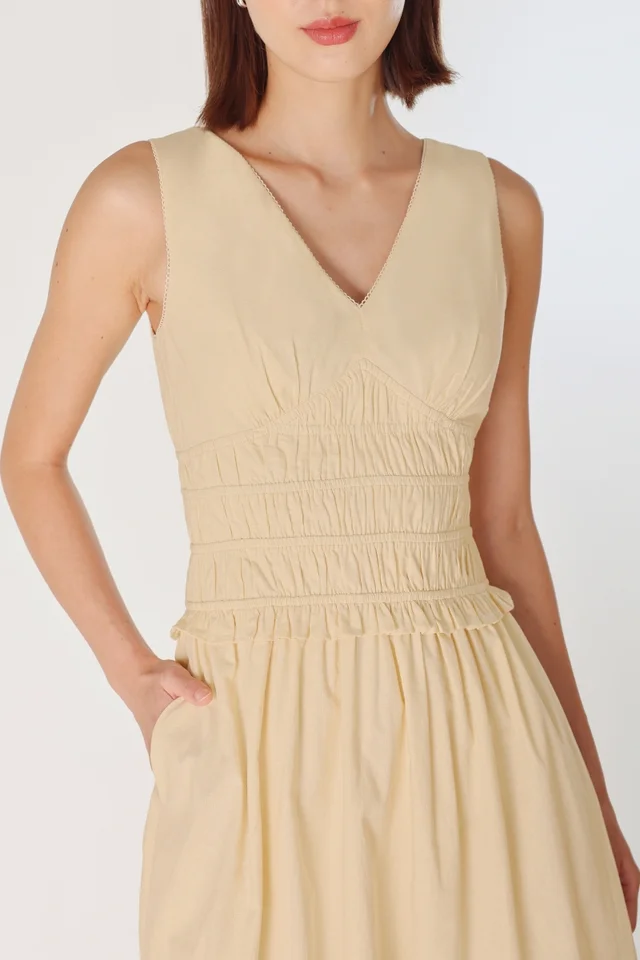 MIRA V-NECK EYELET TRIM MAXI DRESS (YELLOW)
