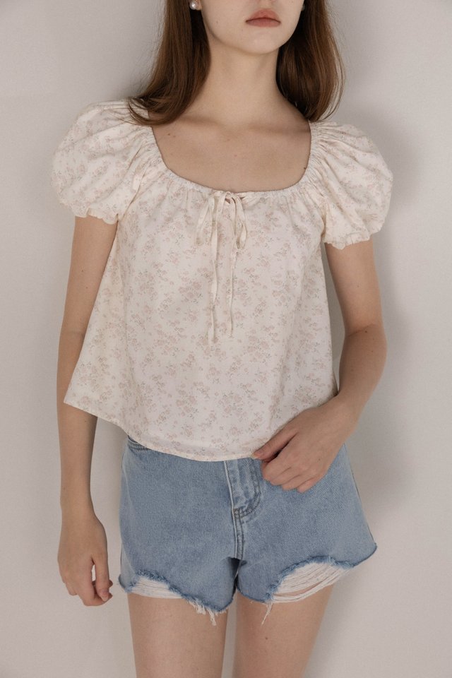 YINDIE SCOOP NECK RIBBON BUBBLE SLEEVE BLOUSE (FLORAL)