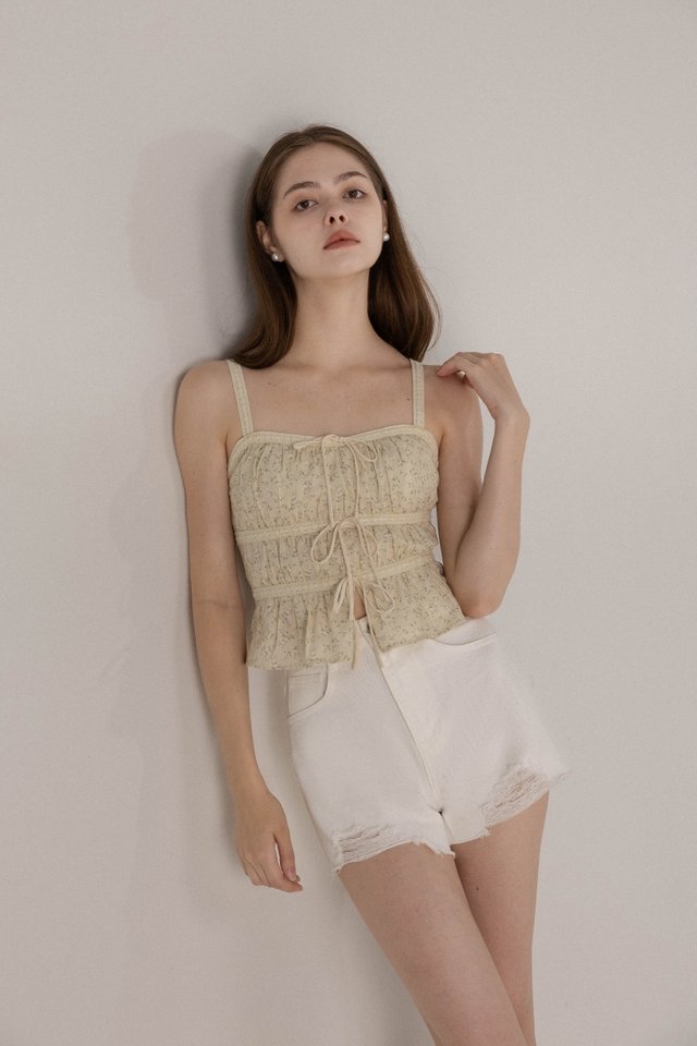 SAPHIELLE PADDED EYELET TRIM RIBBON TIERED TOP (FLORAL)