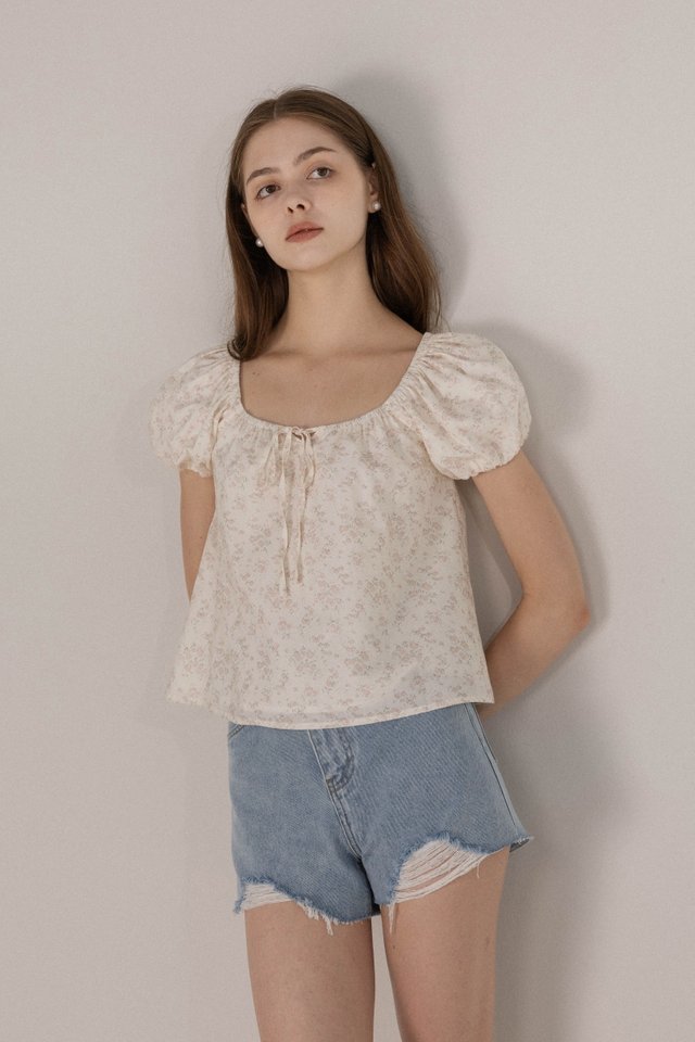 YINDIE SCOOP NECK RIBBON BUBBLE SLEEVE BLOUSE (FLORAL)