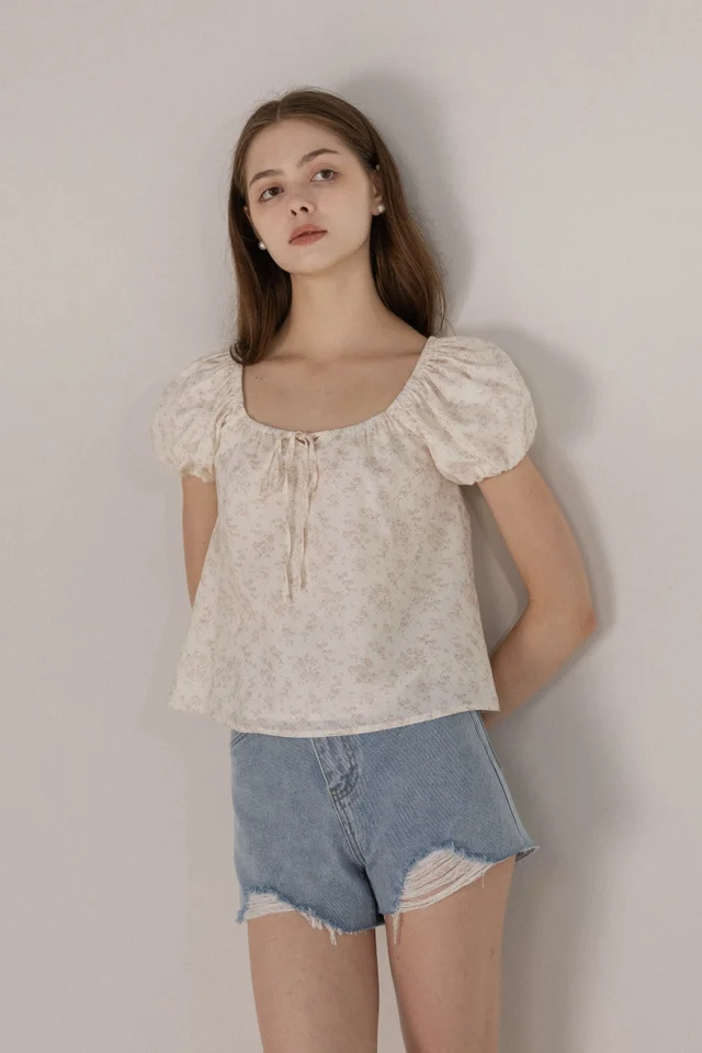 YINDIE SCOOP NECK RIBBON BUBBLE SLEEVE BLOUSE (FLORAL)