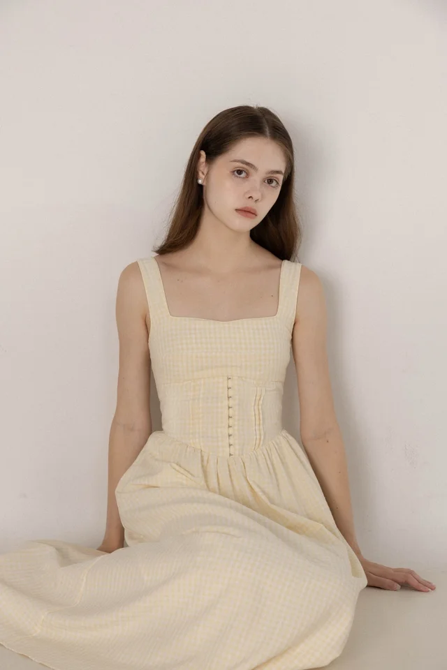 ATHENA PADDED PINTUCK CORSET MIDAXI DRESS (GINGHAM)