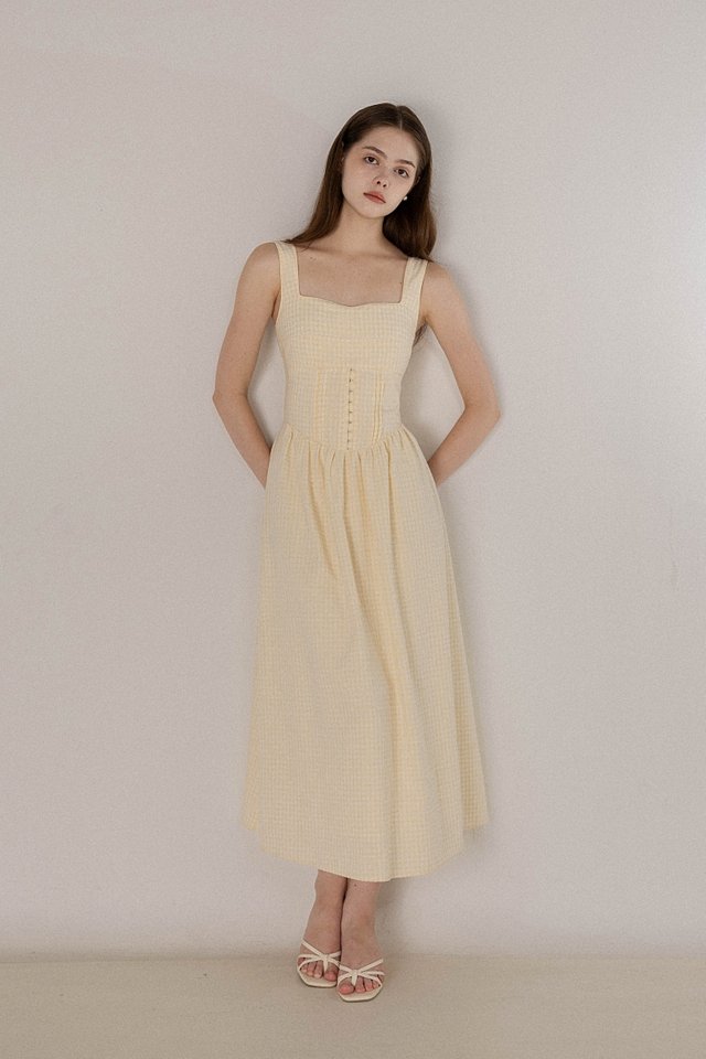 ATHENA PADDED PINTUCK CORSET MIDAXI DRESS