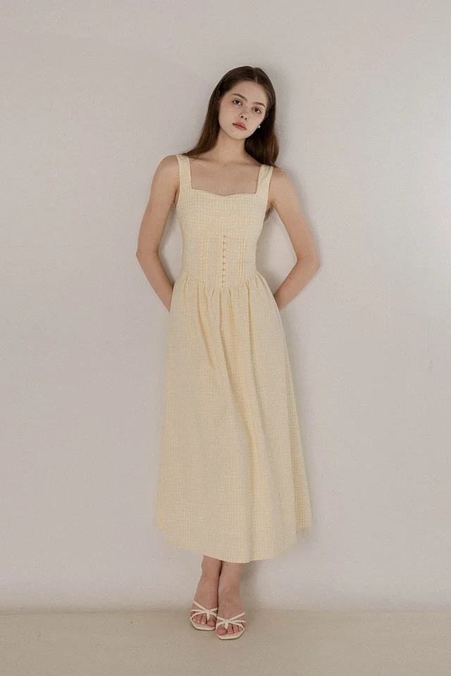 ATHENA PADDED PINTUCK CORSET MIDAXI DRESS (GINGHAM)