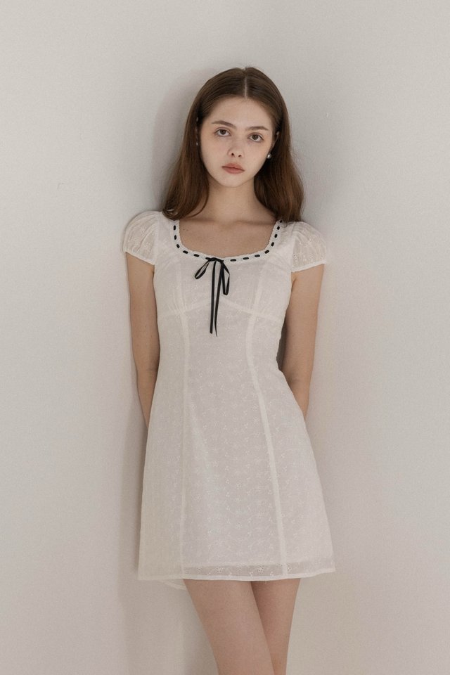 DOTTIE PADDED EYELET CONTRAST RIBBON SCOOP NECK DRESS
