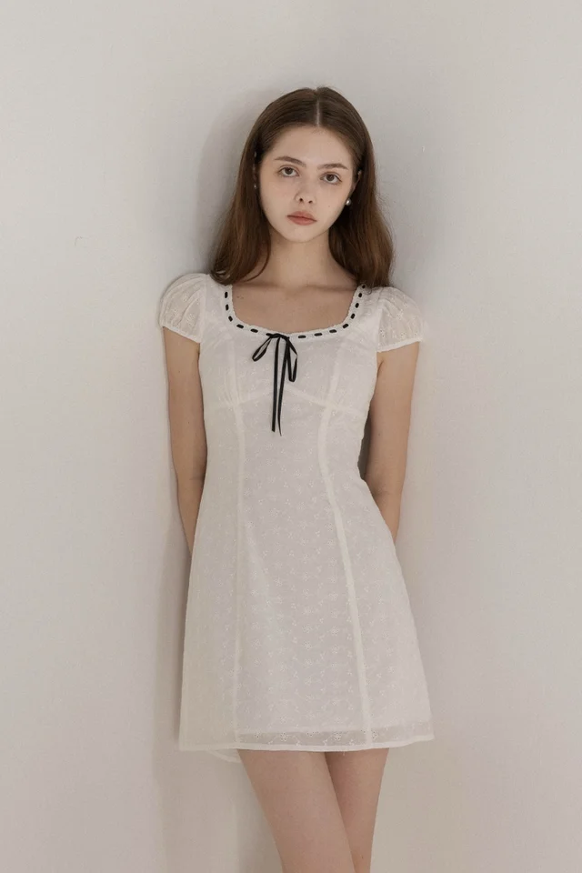 DOTTIE PADDED EYELET CONTRAST RIBBON SCOOP NECK DRESS