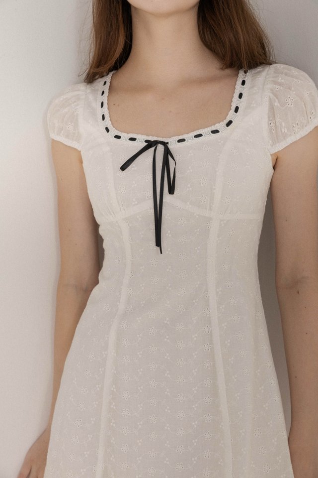 DOTTIE PADDED EYELET CONTRAST RIBBON SCOOP NECK DRESS